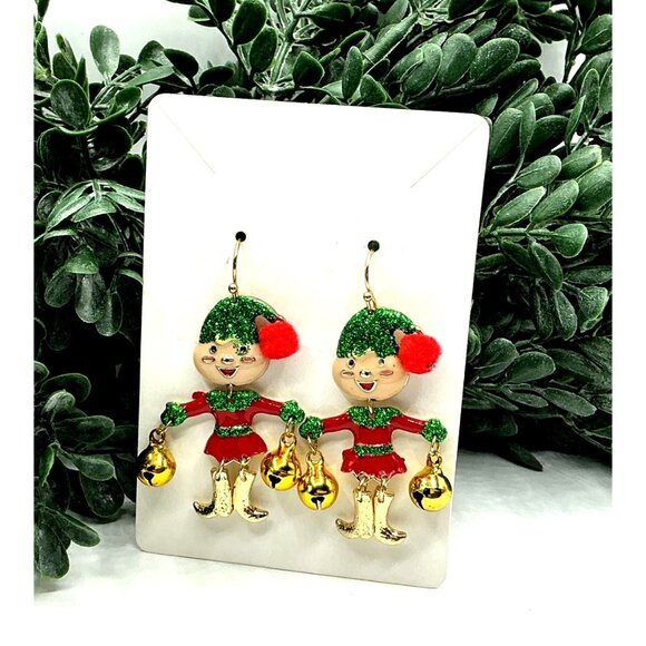 Christmas Elf Jingle Bell Dangle Earrings Festive Holiday Jewelry - Picture 5 of 5